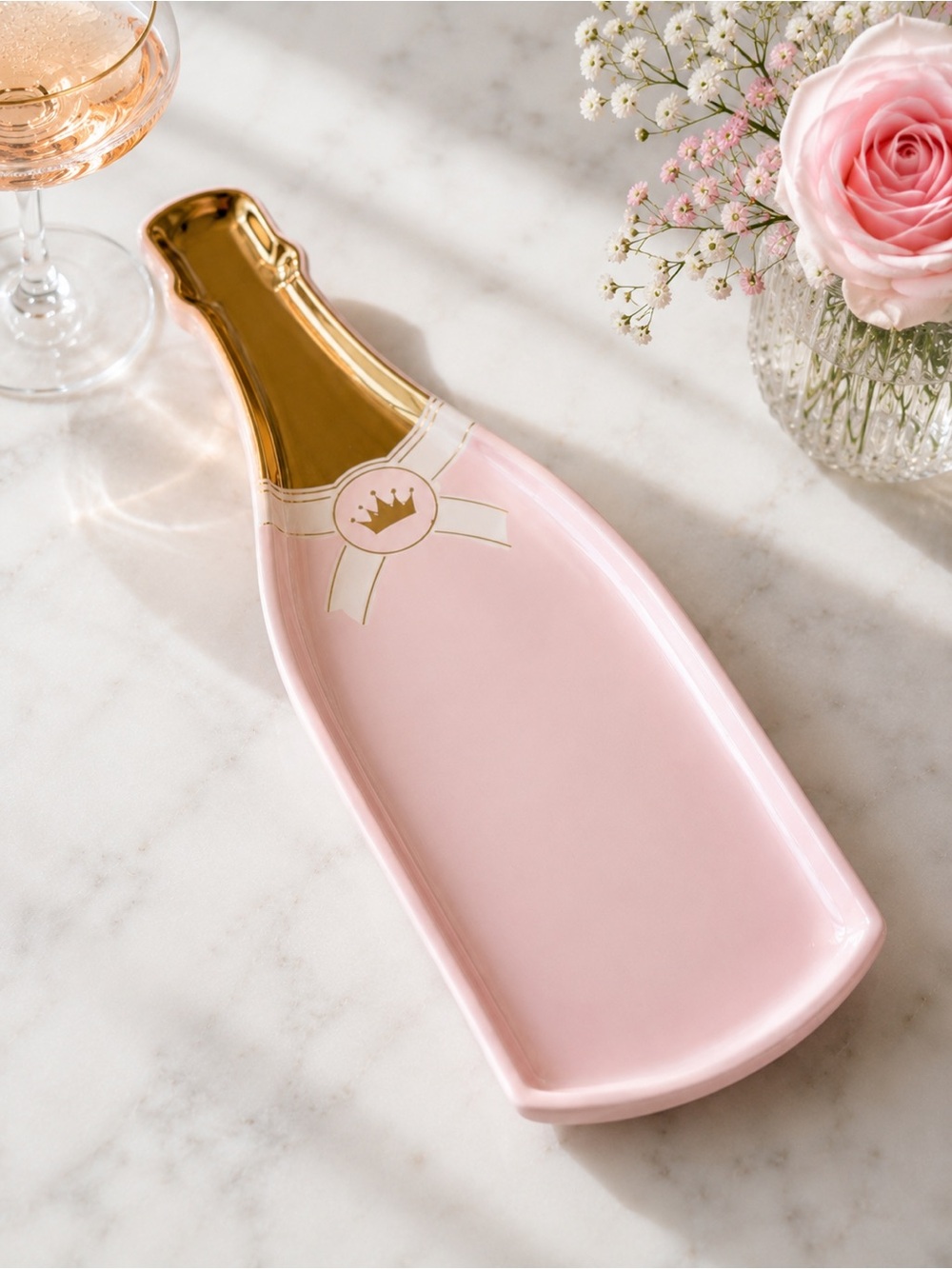 Rosanna Cheers Champagne Bottle Shaped Tray Pink Gold Porcelain NWOT